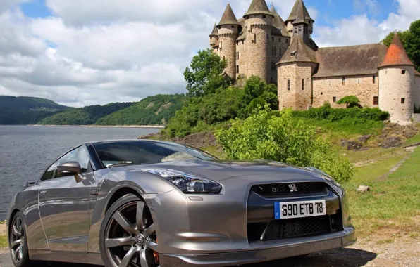 Sea, castle, Nissan, sea, grey, gtr, r35, black Edition