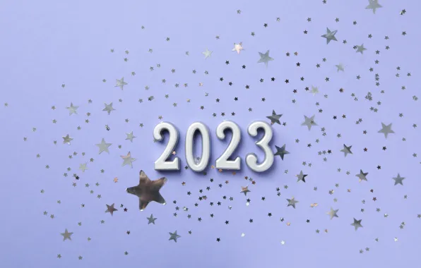 Stars, silver, figures, New year, date, lilac background, 2023