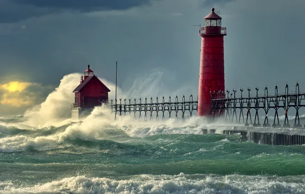 Sea, wave, nature, lighthouse, pier, pierce