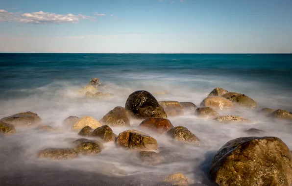 Picture wave, the sky, clouds, landscape, nature, stones, the ocean, horizon