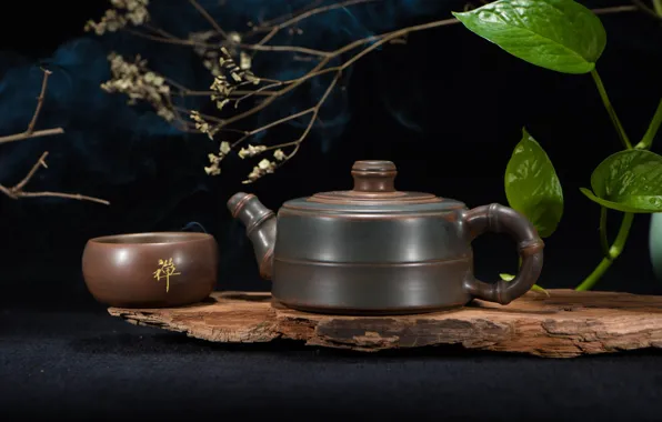 Leaves, branches, the dark background, tea, kettle, the tea party, Cup, dishes
