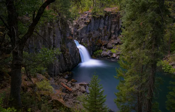 Trees, lake, rocks, waterfall, CA, California, Upper McCloud Falls, McCloud River