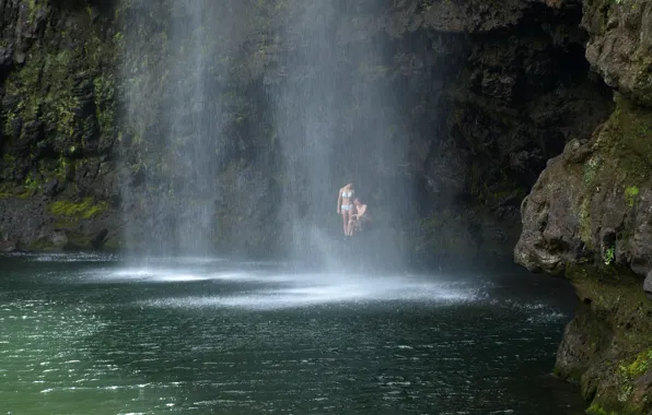 Rock, lake, waterfall, pair