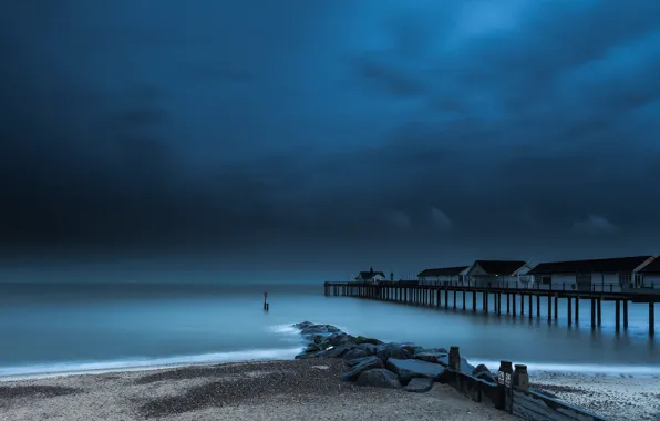 Sea, beach, clouds, dawn, England, pierce, Suffolk
