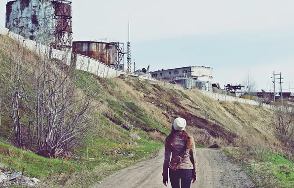 Grass, girl, plant, people, spring, the ruins, ruins, margin