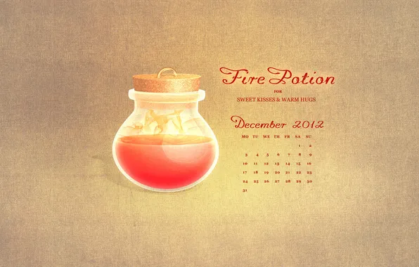 Picture calendar, number, December, days, december, fiery potion of sweet kisses and warm hugs