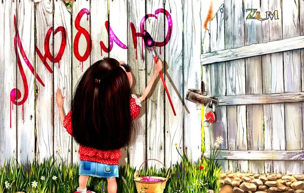The fence, girl, love, paint