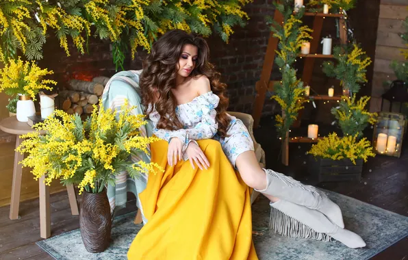 Girl, sweetheart, model, Flowers, Wallpaper, brown hair, Heels, Boots