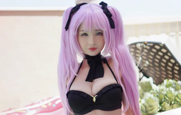 Girl, sexy, cleavage, blouse, pink hair, long hair, boobs, smile