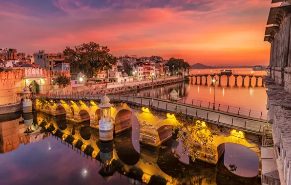 The sky, sunset, lights, river, home, the evening, India, lights