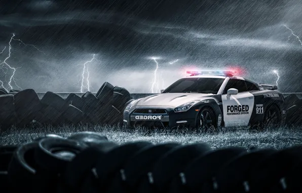 Picture rain, zipper, police, tires, tires, Nissan, GT-R, black