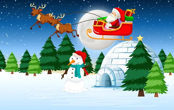 Christmas, New year, Santa Claus, Deer, Tree, Snowman, Sleigh, Delivers gifts