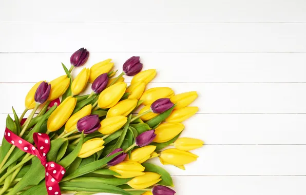 Flowers, bouquet, yellow, purple, tape, tulips, yellow, flowers