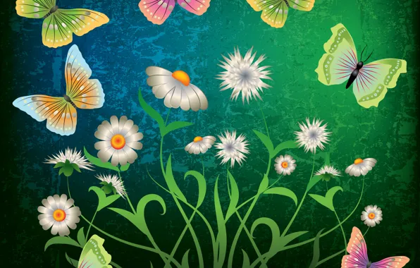 Butterfly, flowers, green, abstract, design, flowers, grunge, butterflies