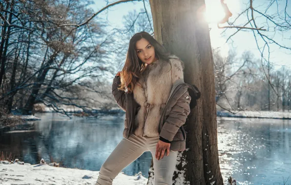 Picture winter, girl, trees, pose, river, Sarah, Andreas-Joachim Lins