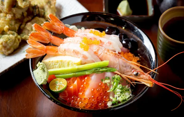 Greens, food, shrimp, caviar, Asian cuisine