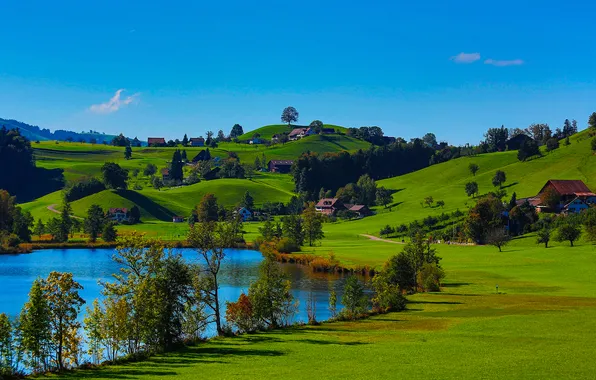 Picture the sky, grass, trees, lake, pond, hills, home