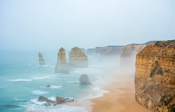 Sea, water, rocks, sand, Australia, mist, cliffs, 12 apostles