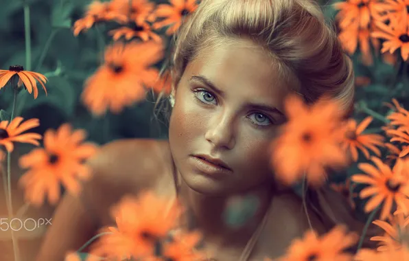 Picture eyes, look, girl, flowers, face, portrait