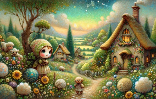 Trees, flowers, tale, garden, girl, house, dwarf, path