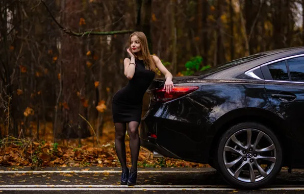 Road, autumn, forest, trees, nature, sexy, pose, black