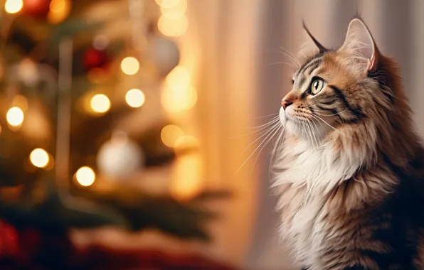 Cat, cat, look, light, lights, pose, Christmas, New year