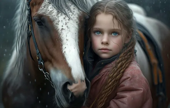 Look, rain, horse, horse, graphics, portrait, art, girl