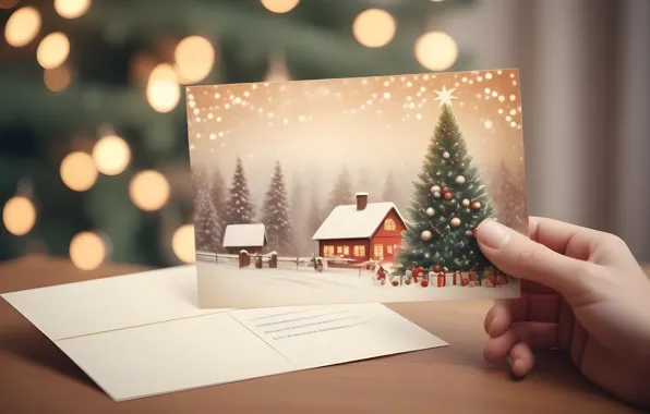 Letter, lights, table, hand, Christmas, New year, house, herringbone