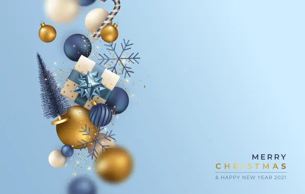 Balls, snowflakes, rendering, box, gift, Christmas, New year, blue background