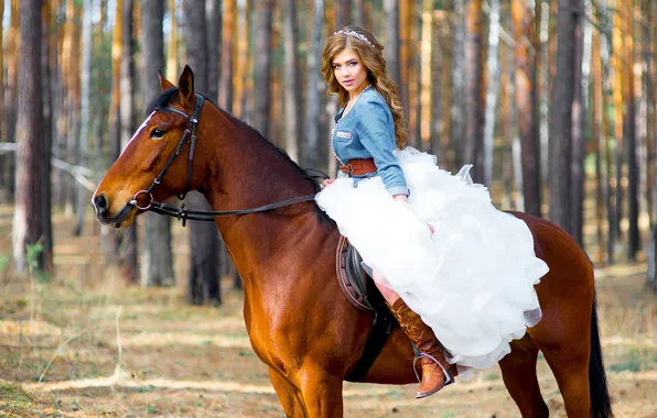 Picture the sun, trees, nature, horse, horse, boots, makeup, dress