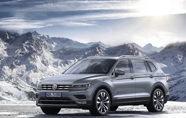 Snow, mountains, grey, Volkswagen, Tiguan