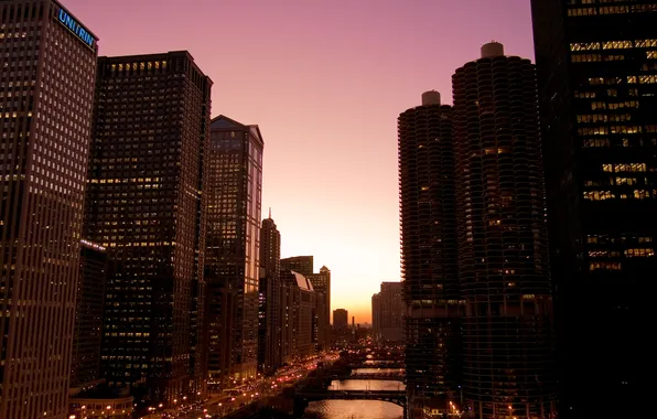 Picture night, lights, building, skyscrapers, America, bridges, Chicago, Chicago
