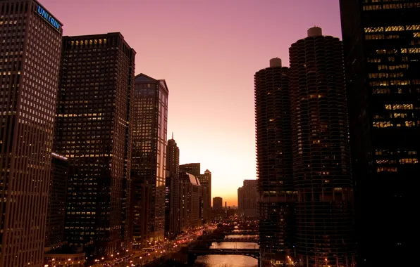 Night, lights, building, skyscrapers, America, bridges, Chicago, Chicago
