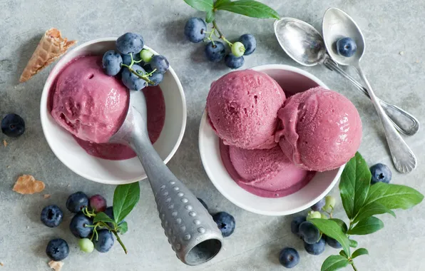 Leaves, blueberries, ice cream, leaves, twigs, ice-cream, berries, spoon