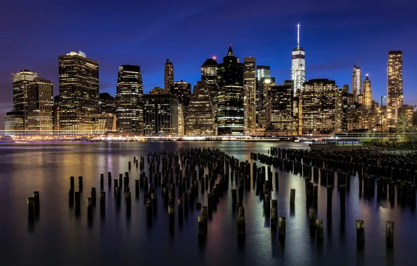 The city, lights, river, building, New York, skyscrapers, the evening, support