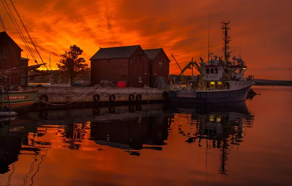 Sunset, boat, Marina, fishing boat