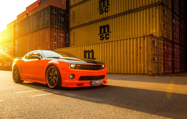 Picture Chevrolet, Muscle, Camaro, Orange, Car, Front, Sun, Tuning