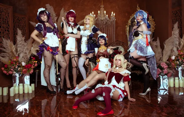 Flowers, girls, sofa, candles, outfits, costumes, cosplay, images