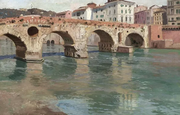 Bridge, river, home, picture, the urban landscape, Frits Thaulov, Frits Thaulow, Ponte Pietra. Verona