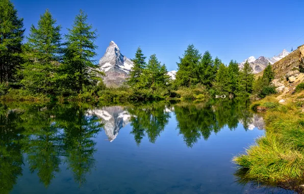 Trees, mountains, lake, reflection, Switzerland, Alps, Switzerland, Alps