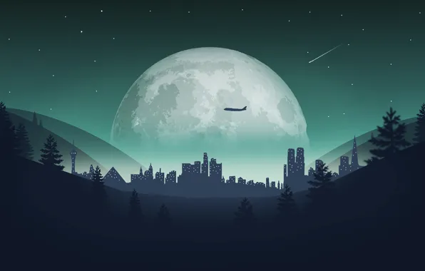 The city, the moon, meteorite, vector graphics
