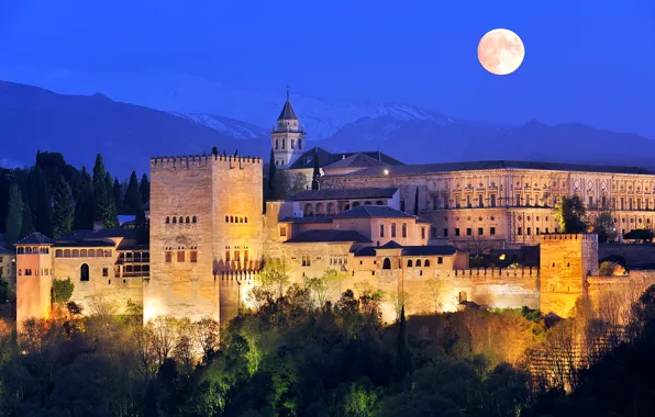 The sky, mountains, night, lights, castle, the moon, tower, fortress