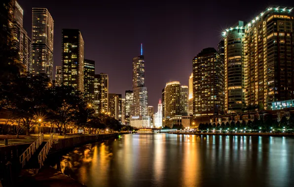 Night, Chicago, Skyscrapers, USA, Chicago, skyline, nightscape