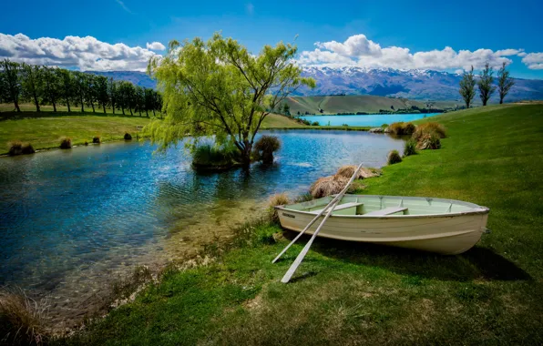 Picture trees, mountains, lake, boat
