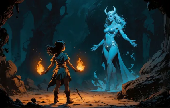 Fire, magic, the demon, girl, cave