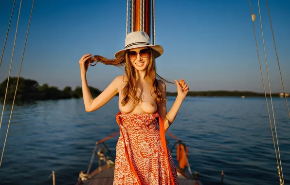 Chest, girl, pose, hat, yacht, glasses, red, redhead