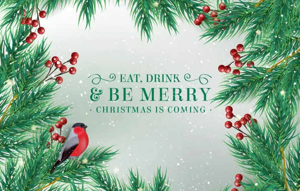 Winter, snow, branches, berries, the inscription, bird, fruit, Christmas