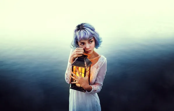 Water, girl, mood, lantern, blue hair, Valentina Diaz