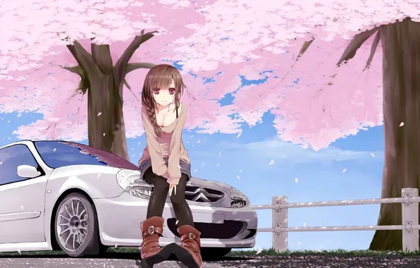 Picture machine, girl, trees, the fence, boots, Sakura, art, sitting