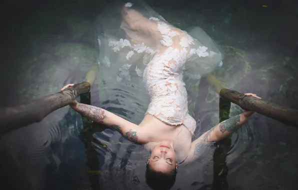 Water, girl, dress, tattoo, neckline, the bride, in the water, wedding dress